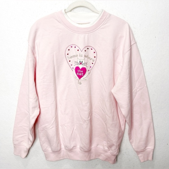 Vintage Sweaters - Vintage Graphic Pink Heart Cat Lover Embroidered Grandma Core Sweatshirt Large